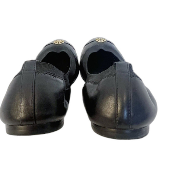 Like New Tory Burch Jolie Cap Toe Ballet Flat Black Leather Gold Emblem Size 10 - Picture 7 of 7